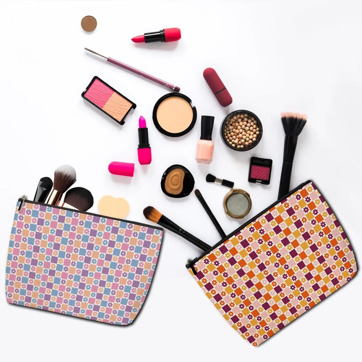 2 Pieces Makeup Bag Colorful Checkerboard Daisies Aesthetics Skincare Bag Travel Toiletry Bag Makeup Pouch Cosmetic Bag Birthday Christmas Friendship Gifts for Women Aunt Girls Mom Friends Manager
