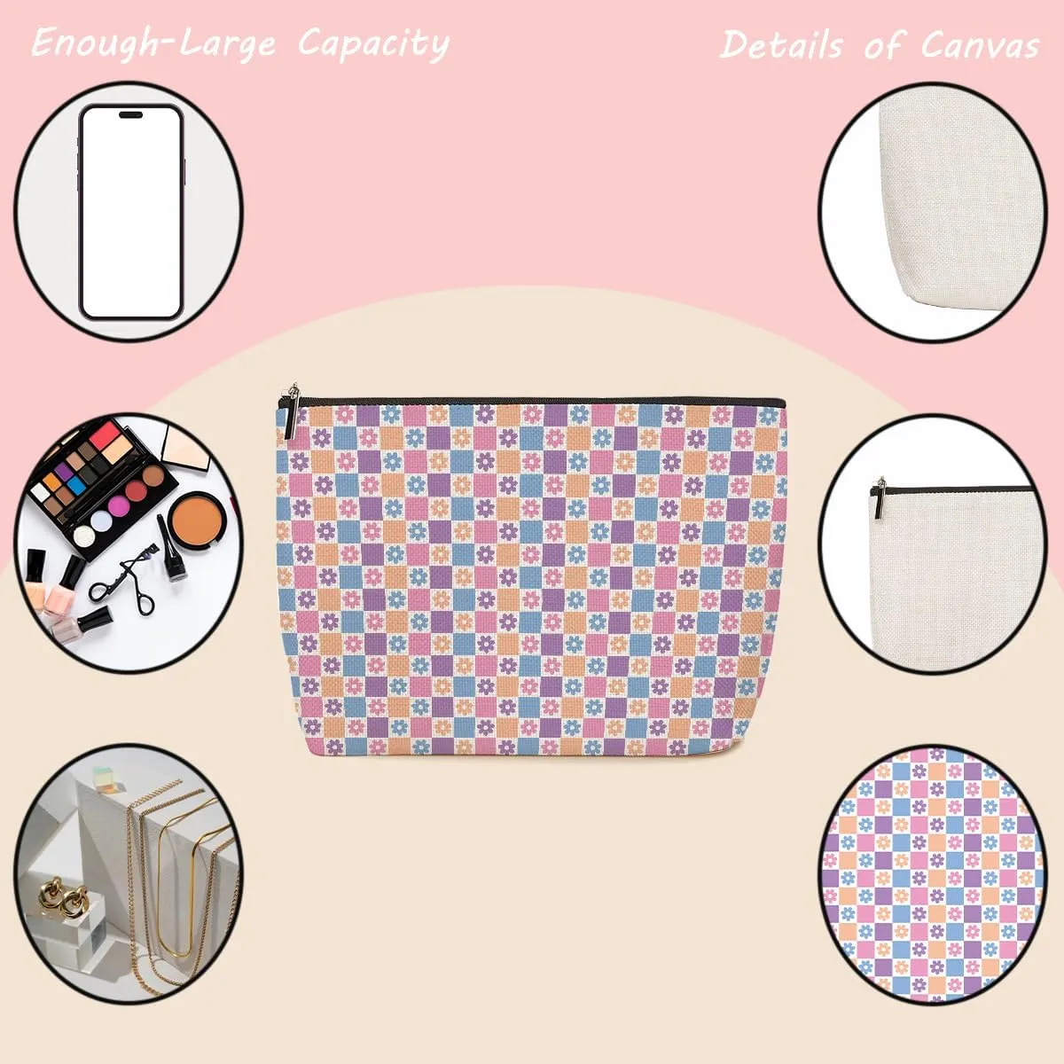 2 Pieces Makeup Bag Colorful Checkerboard Daisies Aesthetics Skincare Bag Travel Toiletry Bag Makeup Pouch Cosmetic Bag Birthday Christmas Friendship Gifts for Women Aunt Girls Mom Friends Manager