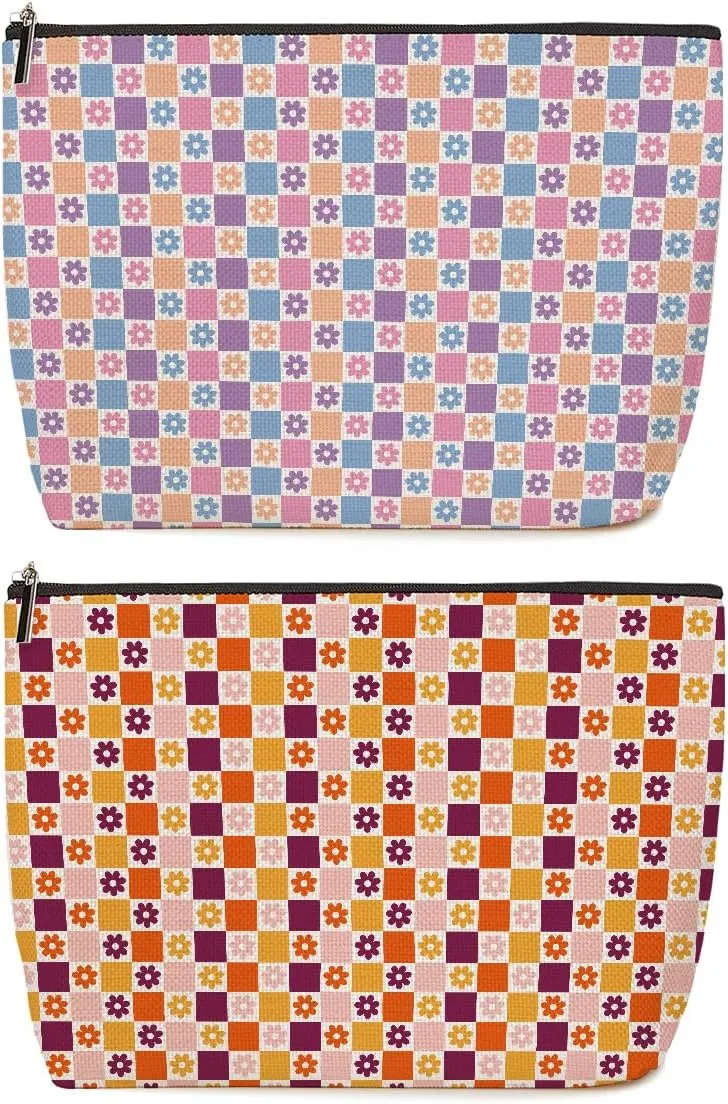 2 Pieces Makeup Bag Colorful Checkerboard Daisies Aesthetics Skincare Bag Travel Toiletry Bag Makeup Pouch Cosmetic Bag Birthday Christmas Friendship Gifts for Women Aunt Girls Mom Friends Manager
