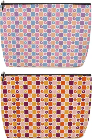 2 Pieces Makeup Bag Colorful Checkerboard Daisies Aesthetics Skincare Bag Travel Toiletry Bag Makeup Pouch Cosmetic Bag Birthday Christmas Friendship Gifts for Women Aunt Girls Mom Friends Manager
