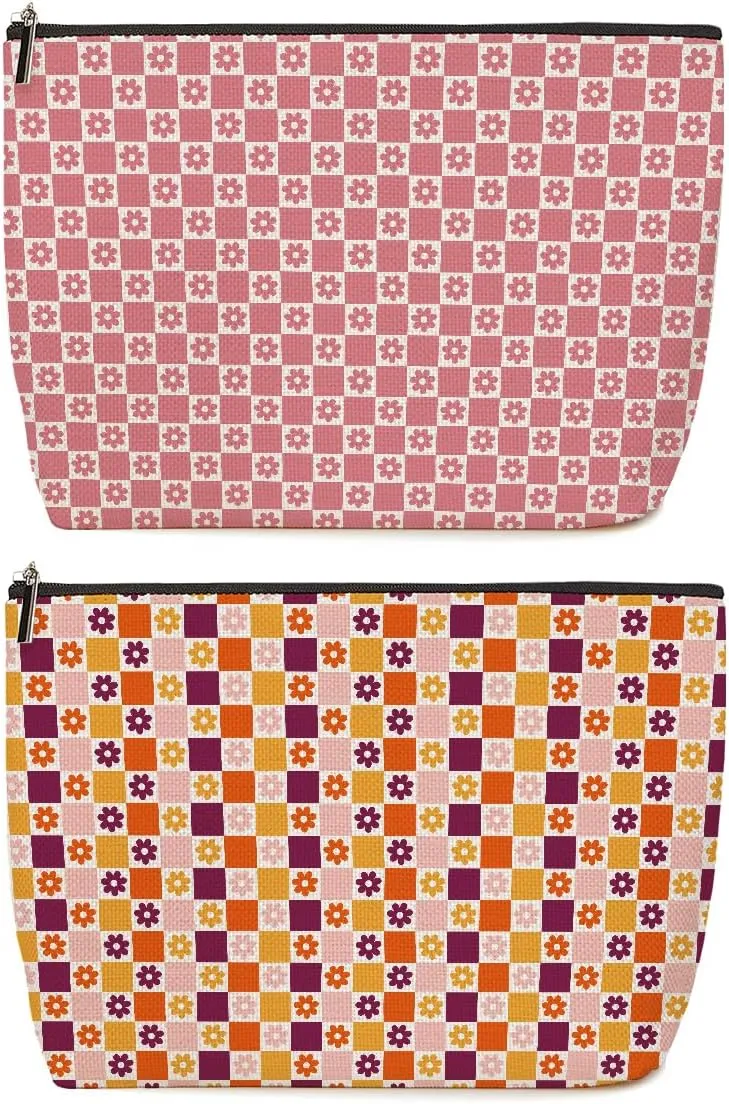 2 Pieces Makeup Bag Colorful Pink Checkerboard Daisies Aesthetics Skincare Bag Travel Toiletry Bag Makeup Pouch Cosmetic Bag Christmas Birthday Friendship Gifts for Women Bestie Coworker Teacher
