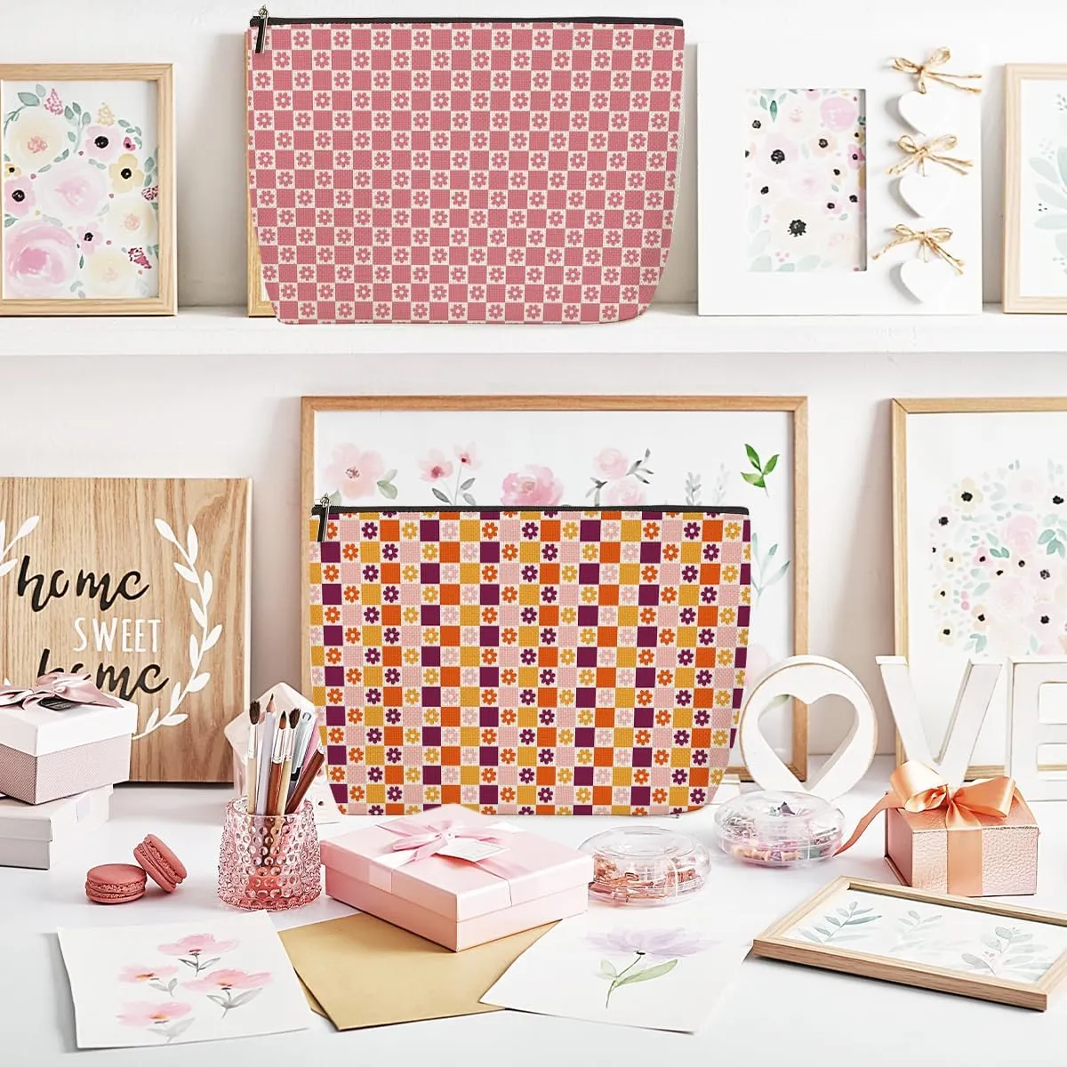 2 Pieces Makeup Bag Colorful Pink Checkerboard Daisies Aesthetics Skincare Bag Travel Toiletry Bag Makeup Pouch Cosmetic Bag Christmas Birthday Friendship Gifts for Women Bestie Coworker Teacher