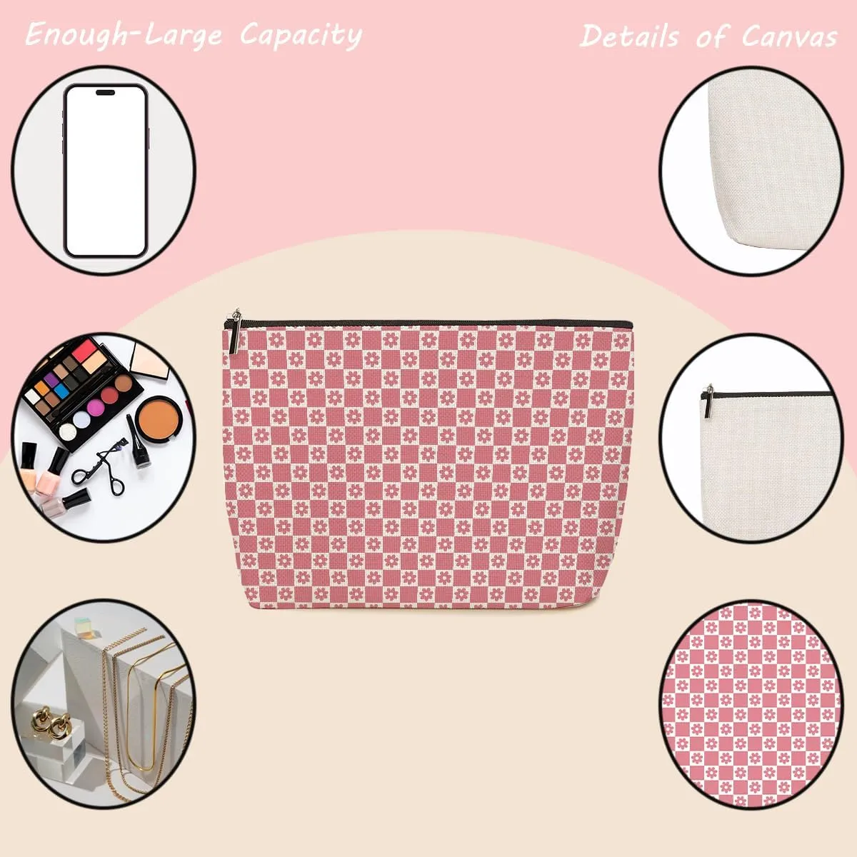 2 Pieces Makeup Bag Colorful Pink Checkerboard Daisies Aesthetics Skincare Bag Travel Toiletry Bag Makeup Pouch Cosmetic Bag Christmas Birthday Friendship Gifts for Women Bestie Coworker Teacher