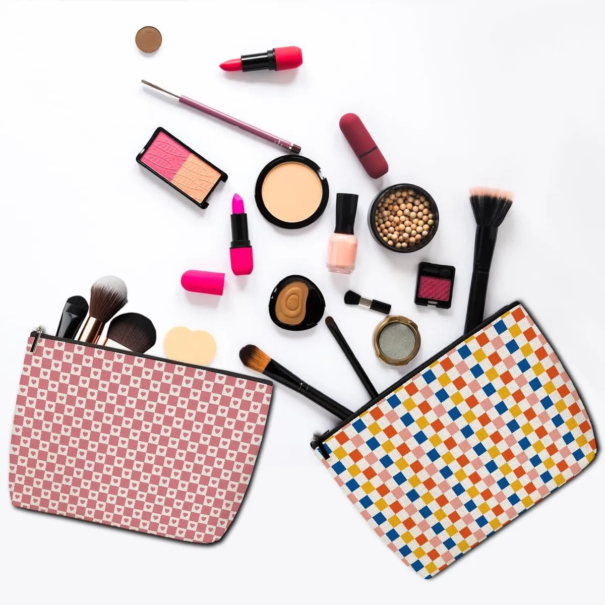 2 Pieces Makeup Bag Colorful Rainbow Checkerboard Heart Aesthetics Skincare Bag Travel Toiletry Bag Makeup Pouch Cosmetic Bag Friendship Thank You Gifts for Women Aunt Girls Coworker Manager