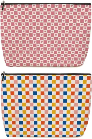 2 Pieces Makeup Bag Colorful Rainbow Checkerboard Heart Aesthetics Skincare Bag Travel Toiletry Bag Makeup Pouch Cosmetic Bag Friendship Thank You Gifts for Women Aunt Girls Coworker Manager