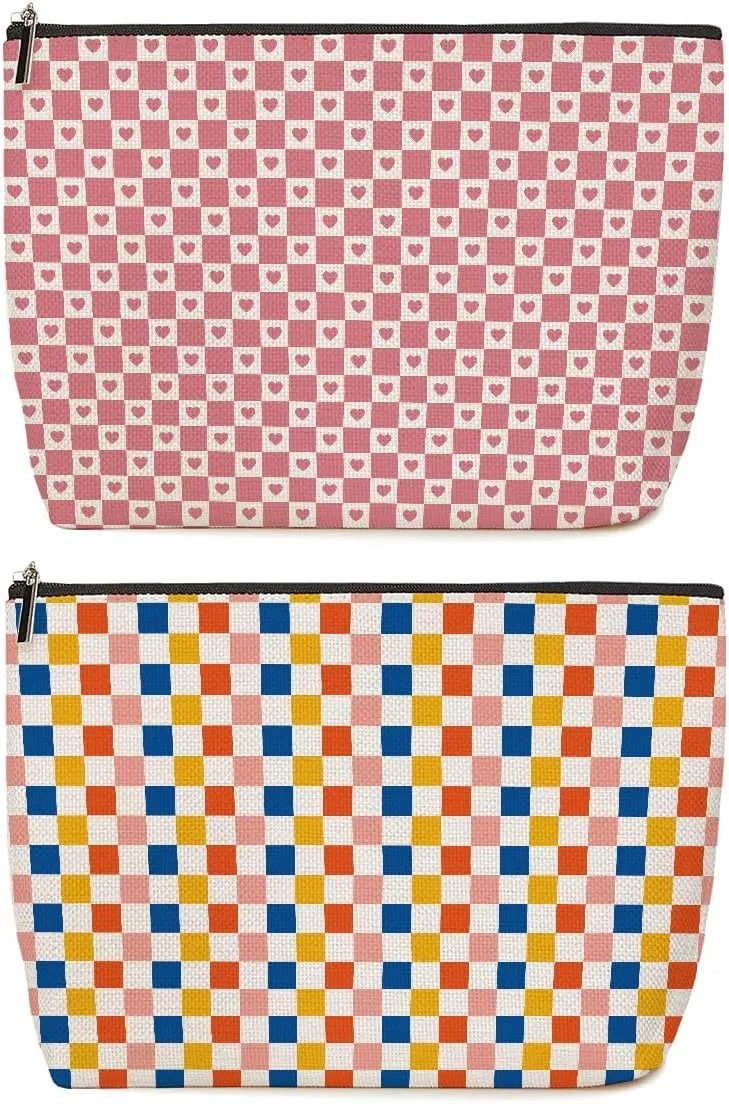 2 Pieces Makeup Bag Colorful Rainbow Checkerboard Heart Aesthetics Skincare Bag Travel Toiletry Bag Makeup Pouch Cosmetic Bag Friendship Thank You Gifts for Women Aunt Girls Coworker Manager