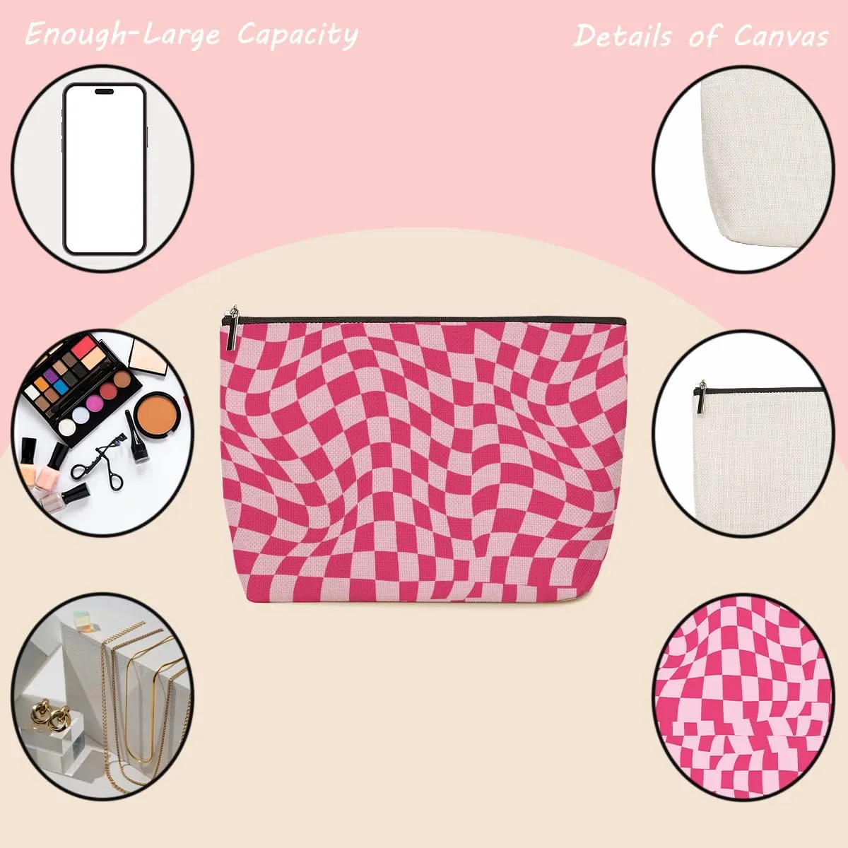 2 Pieces Makeup Bag Pink Blue Checkered Preppy Aesthetics Skincare Bag Travel Toiletry Bag Makeup Pouch Cosmetic Bag Thank You Birthday Friendship Gifts for Women Friends Bestie Coworker Teacher