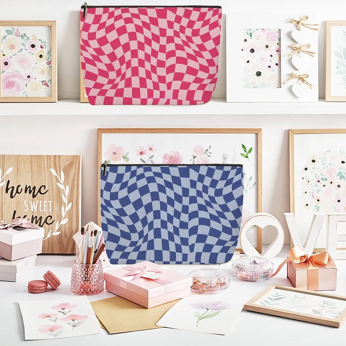 2 Pieces Makeup Bag Pink Blue Checkered Preppy Aesthetics Skincare Bag Travel Toiletry Bag Makeup Pouch Cosmetic Bag Thank You Birthday Friendship Gifts for Women Friends Bestie Coworker Teacher