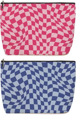 2 Pieces Makeup Bag Pink Blue Checkered Preppy Aesthetics Skincare Bag Travel Toiletry Bag Makeup Pouch Cosmetic Bag Thank You Birthday Friendship Gifts for Women Friends Bestie Coworker Teacher