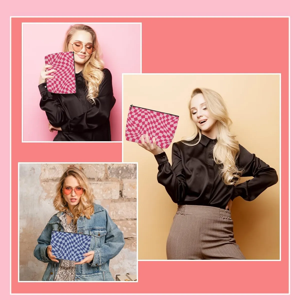 2 Pieces Makeup Bag Pink Blue Checkered Preppy Aesthetics Skincare Bag Travel Toiletry Bag Makeup Pouch Cosmetic Bag Thank You Birthday Friendship Gifts for Women Friends Bestie Coworker Teacher