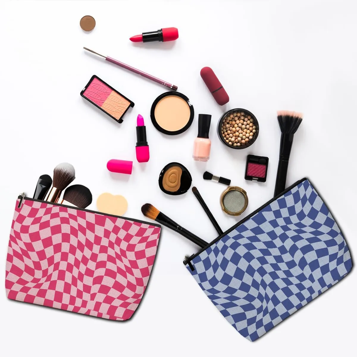 2 Pieces Makeup Bag Pink Blue Checkered Preppy Aesthetics Skincare Bag Travel Toiletry Bag Makeup Pouch Cosmetic Bag Thank You Birthday Friendship Gifts for Women Friends Bestie Coworker Teacher