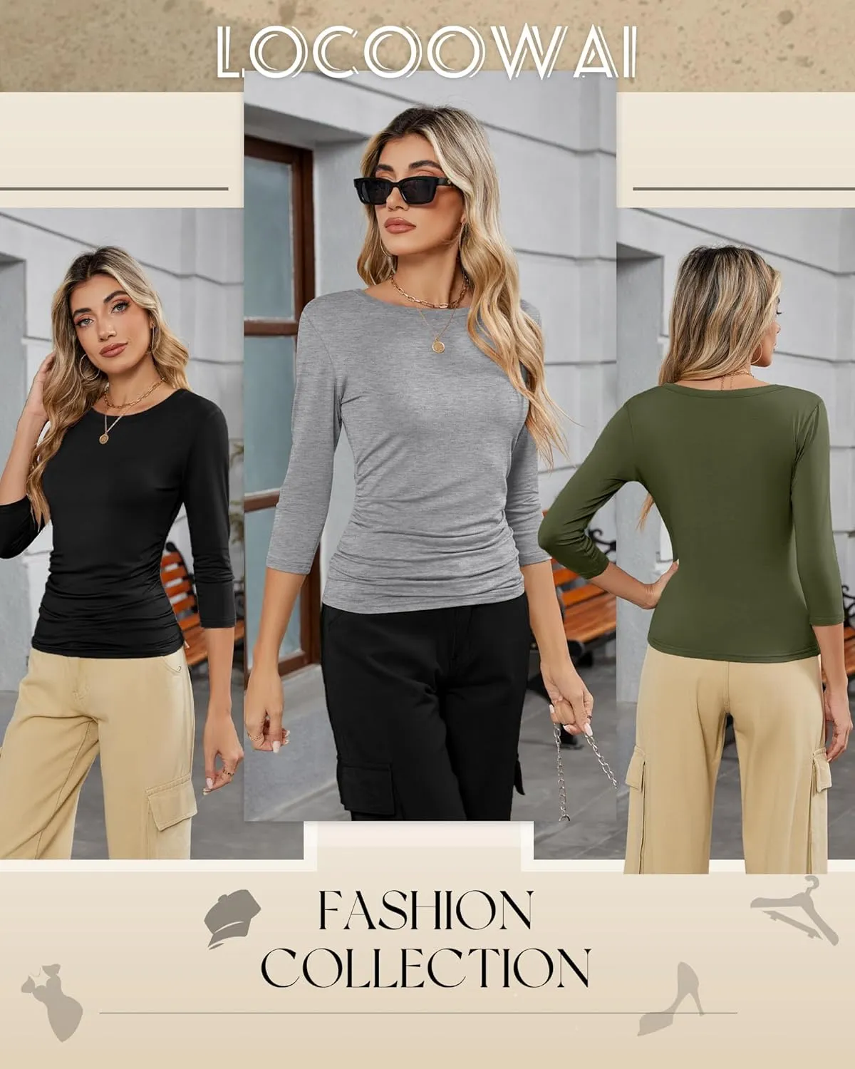 3 Pack Women's 3/4 Sleeve Shirts Slim Fit Side Ruched Tops Cotton Basic Crewneck Going Out Tees Y2k Outfits
