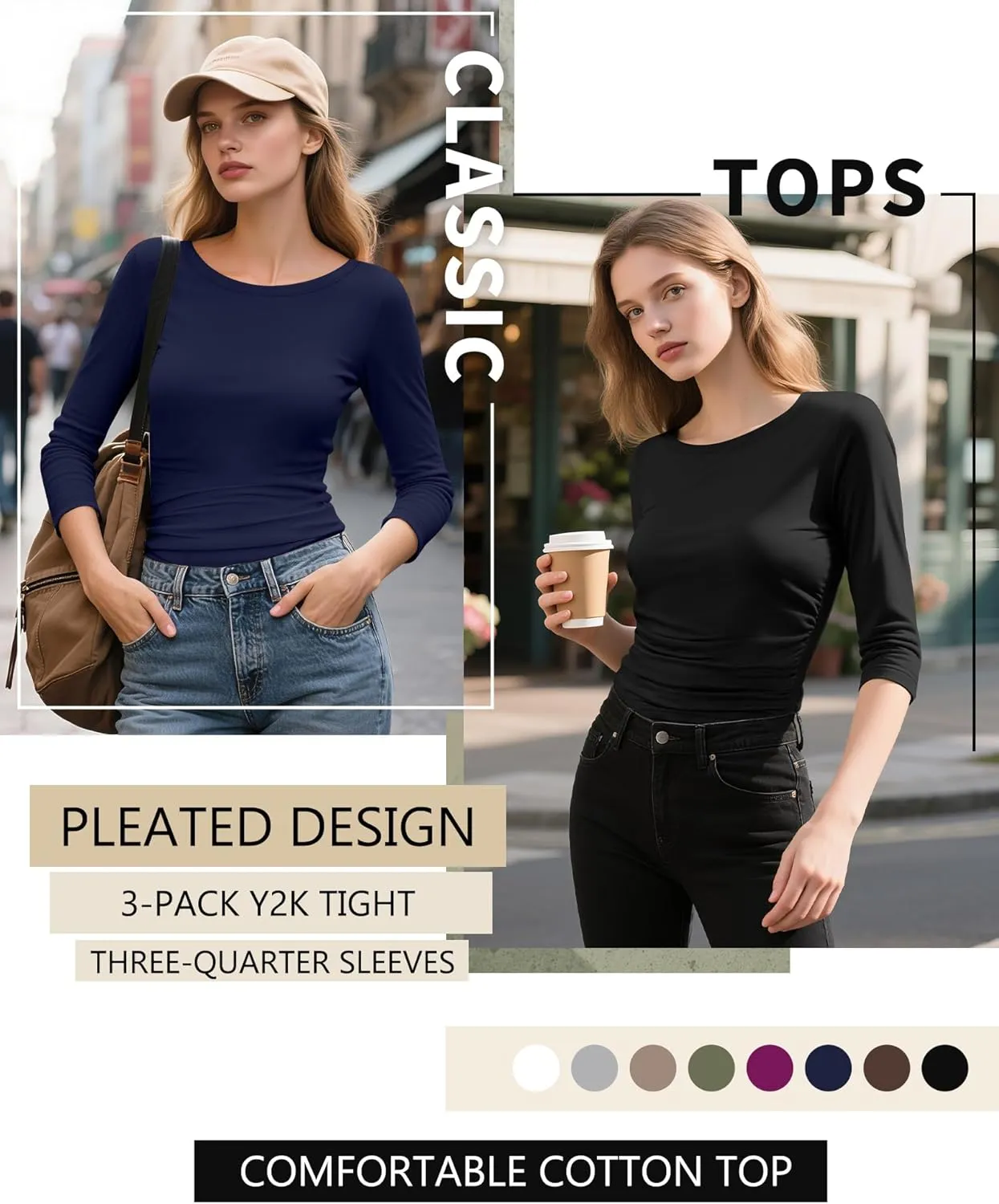 3 Pack Women's 3/4 Sleeve Shirts Slim Fit Side Ruched Tops Cotton Basic Crewneck Going Out Tees Y2k Outfits