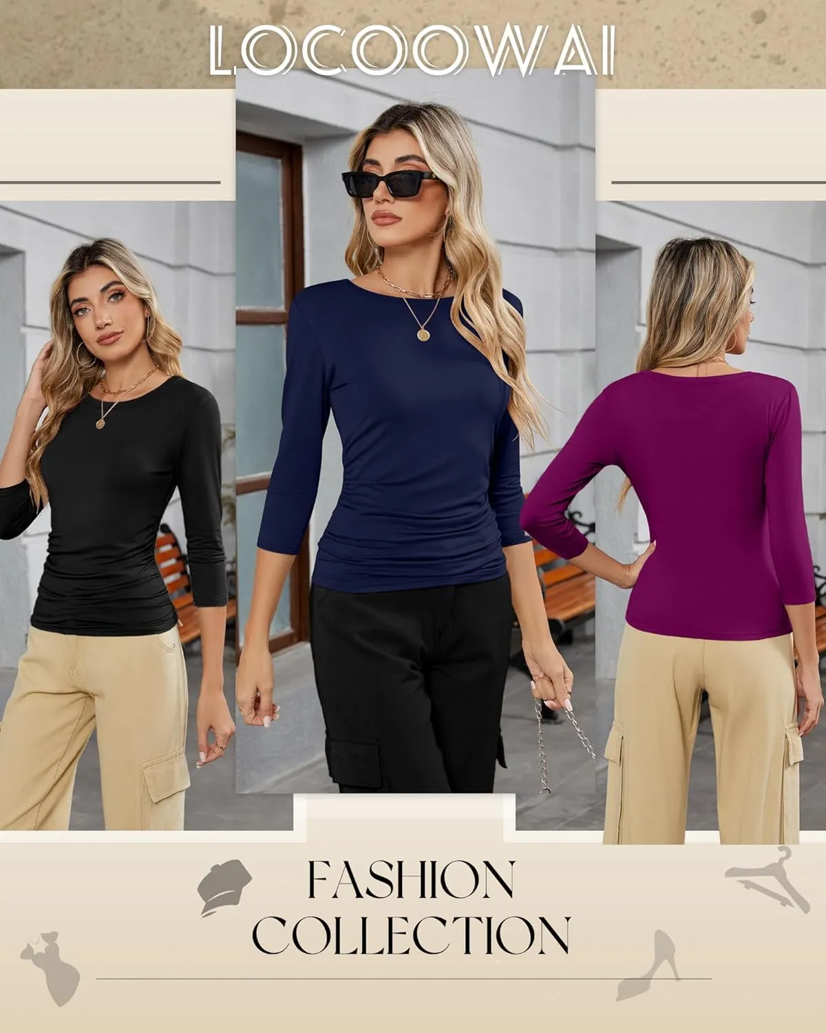 3 Pack Women's 3/4 Sleeve Shirts Slim Fit Side Ruched Tops Cotton Basic Crewneck Going Out Tees Y2k Outfits