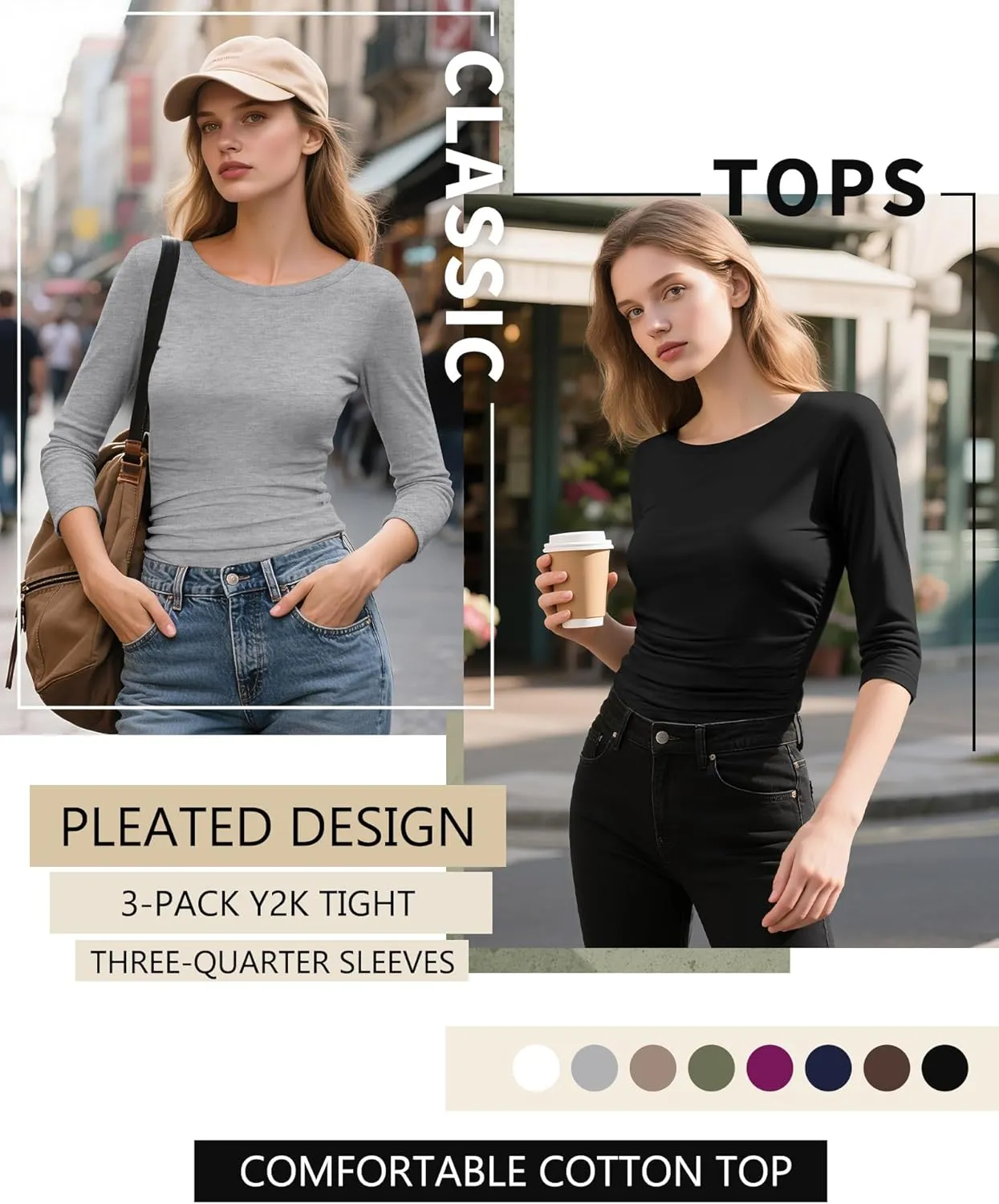 3 Pack Women's 3/4 Sleeve Shirts Slim Fit Side Ruched Tops Cotton Basic Crewneck Going Out Tees Y2k Outfits