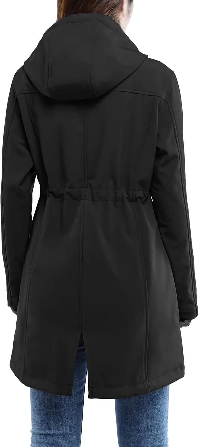33,000ft Women's Softshell Long Jacket with Hood Fleece Lined Windproof Warm up Waterproof Windbreaker