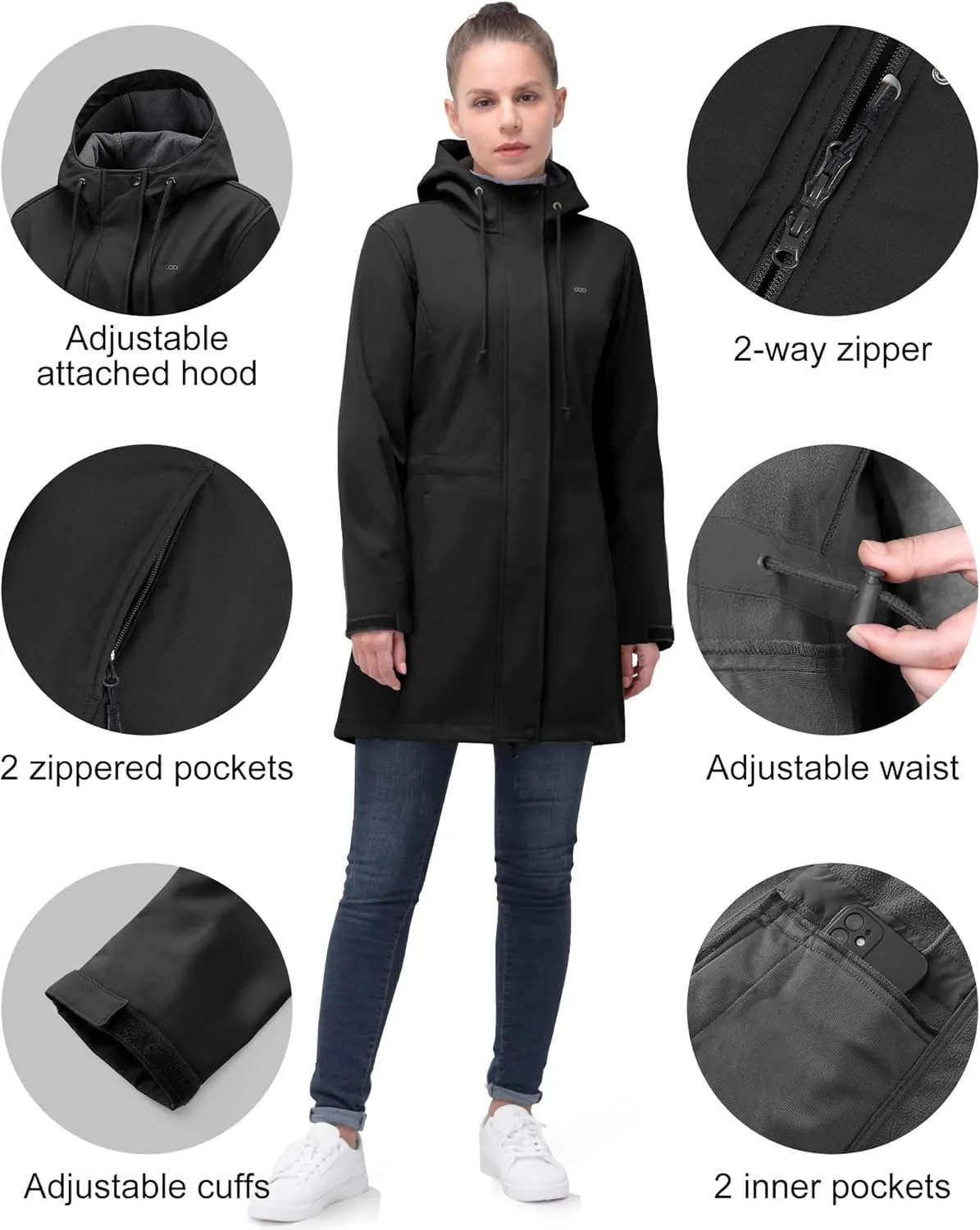 33,000ft Women's Softshell Long Jacket with Hood Fleece Lined Windproof Warm up Waterproof Windbreaker