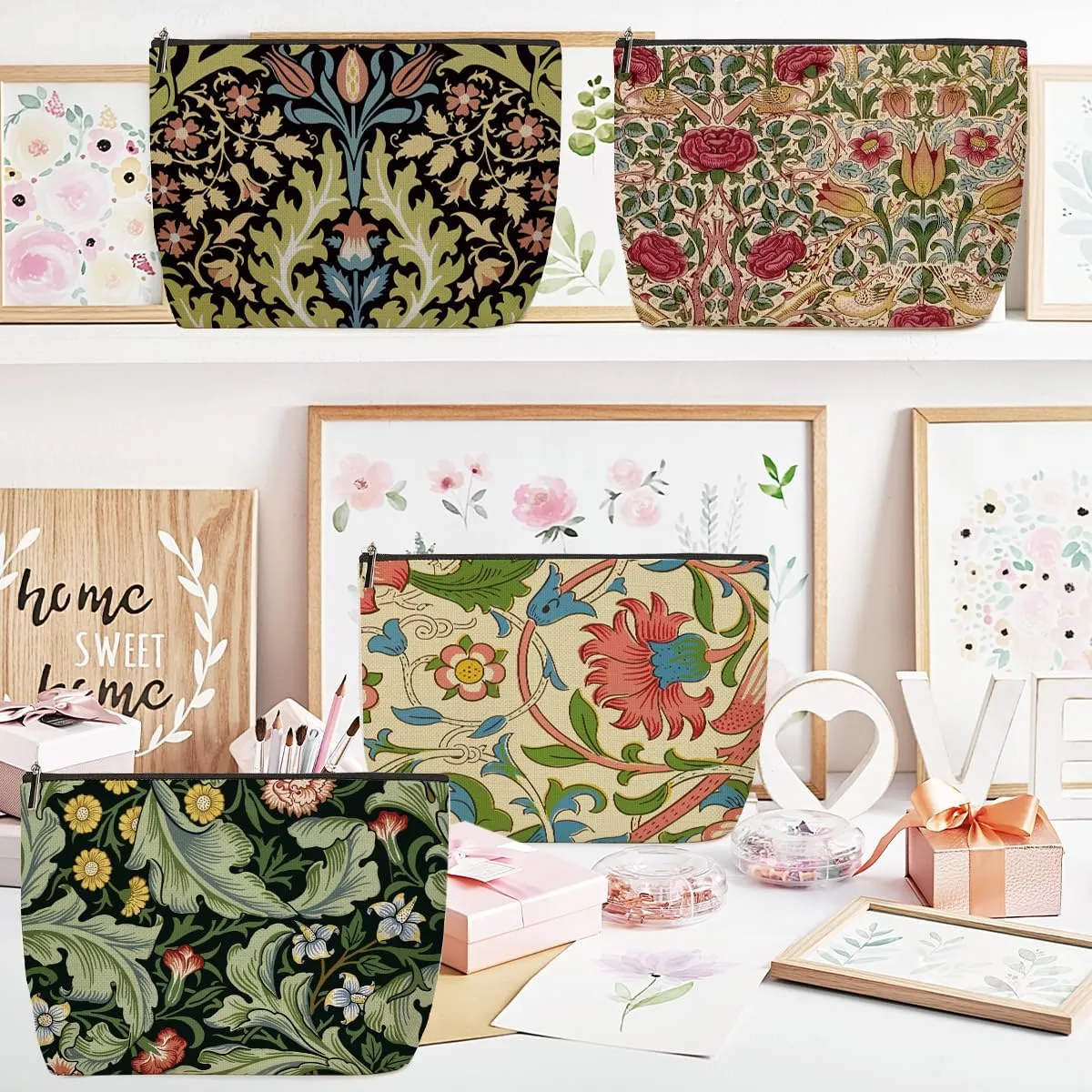 4 Pieces Makeup Bag Classic Flower Botanical Floral Aesthetics Skincare Bag Travel Toiletry Bag Makeup Pouch Cosmetic Bag Friendship Thank You Gifts for Women Aunt Girls Friends Bestie Manager Boss