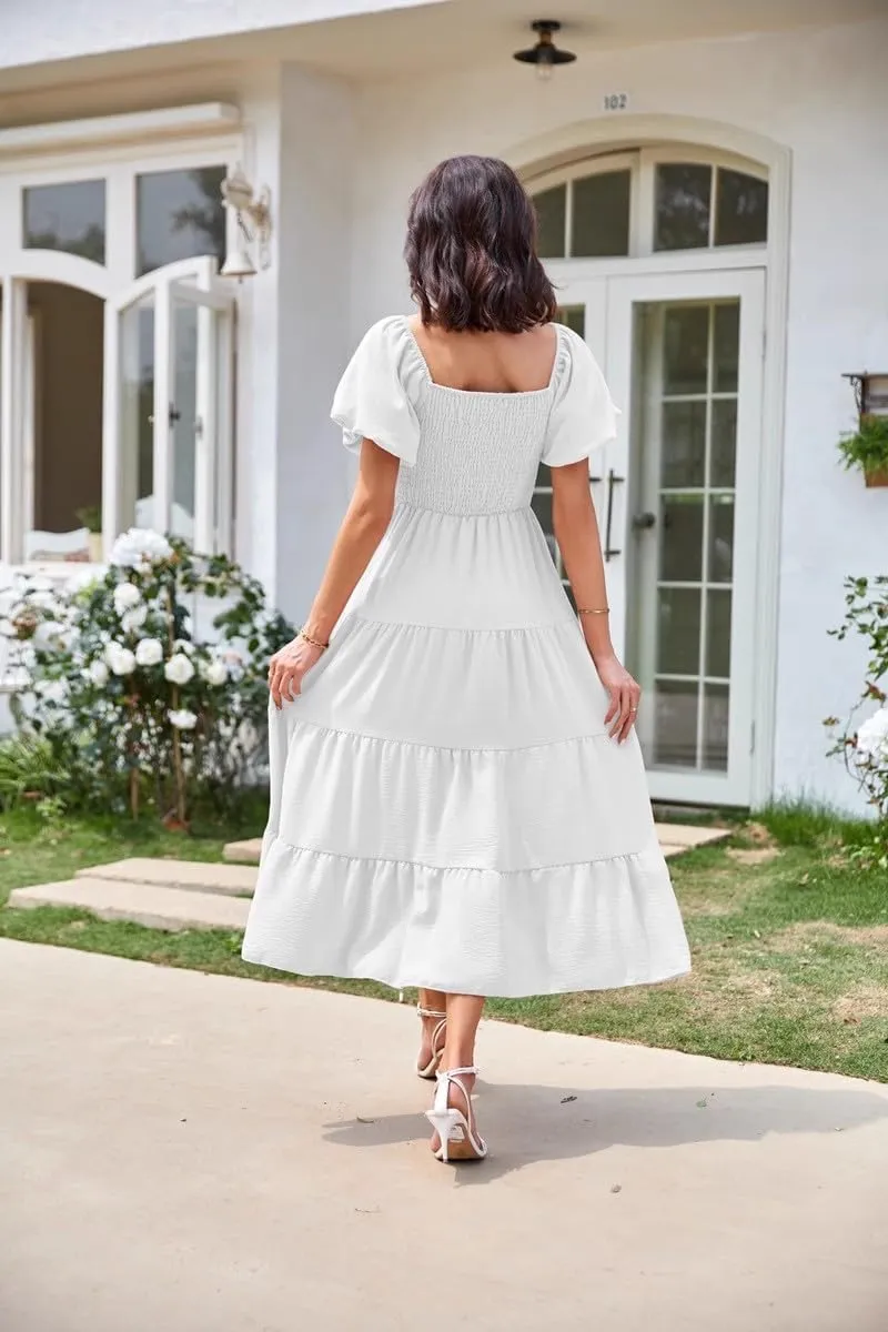 aihihe Summer Dresses for Women 2025 Casual Maxi Dress Square Neck Puff Sleeve Smocked High Waist A Line Boho Flowy Dresses