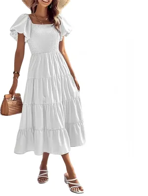 aihihe Summer Dresses for Women 2025 Casual Maxi Dress Square Neck Puff Sleeve Smocked High Waist A Line Boho Flowy Dresses