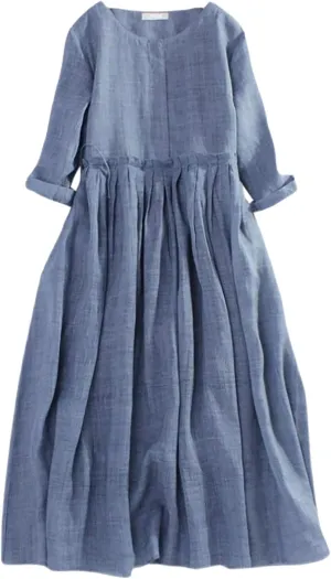 Aniywn Women's Boho Linen Dresses 3/4 Sleeve Vintage Pleated Maxi Sundress with Belt Lace Up Waist Beach Dress for Summer
