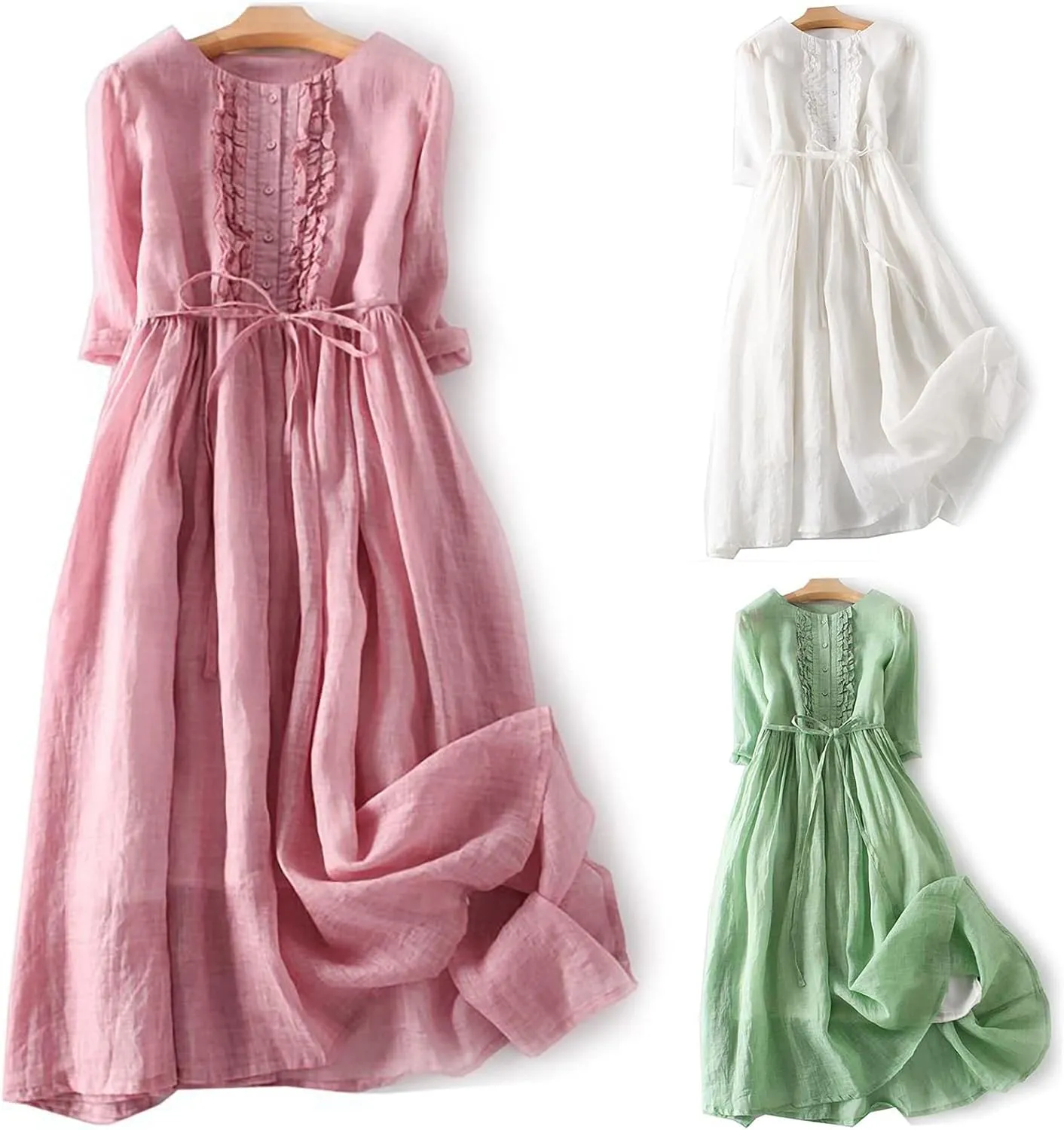 Aniywn Women's Boho Linen Dresses 3/4 Sleeve Vintage Pleated Maxi Sundress with Belt Lace Up Waist Beach Dress for Summer