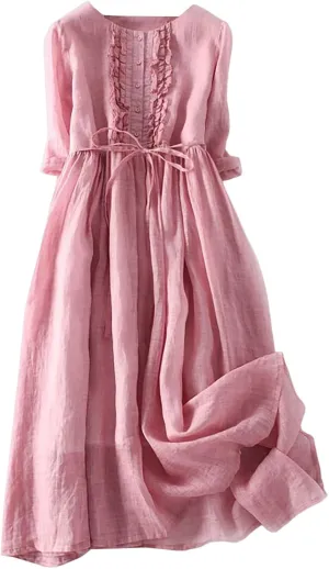 Aniywn Women's Boho Linen Dresses 3/4 Sleeve Vintage Pleated Maxi Sundress with Belt Lace Up Waist Beach Dress for Summer