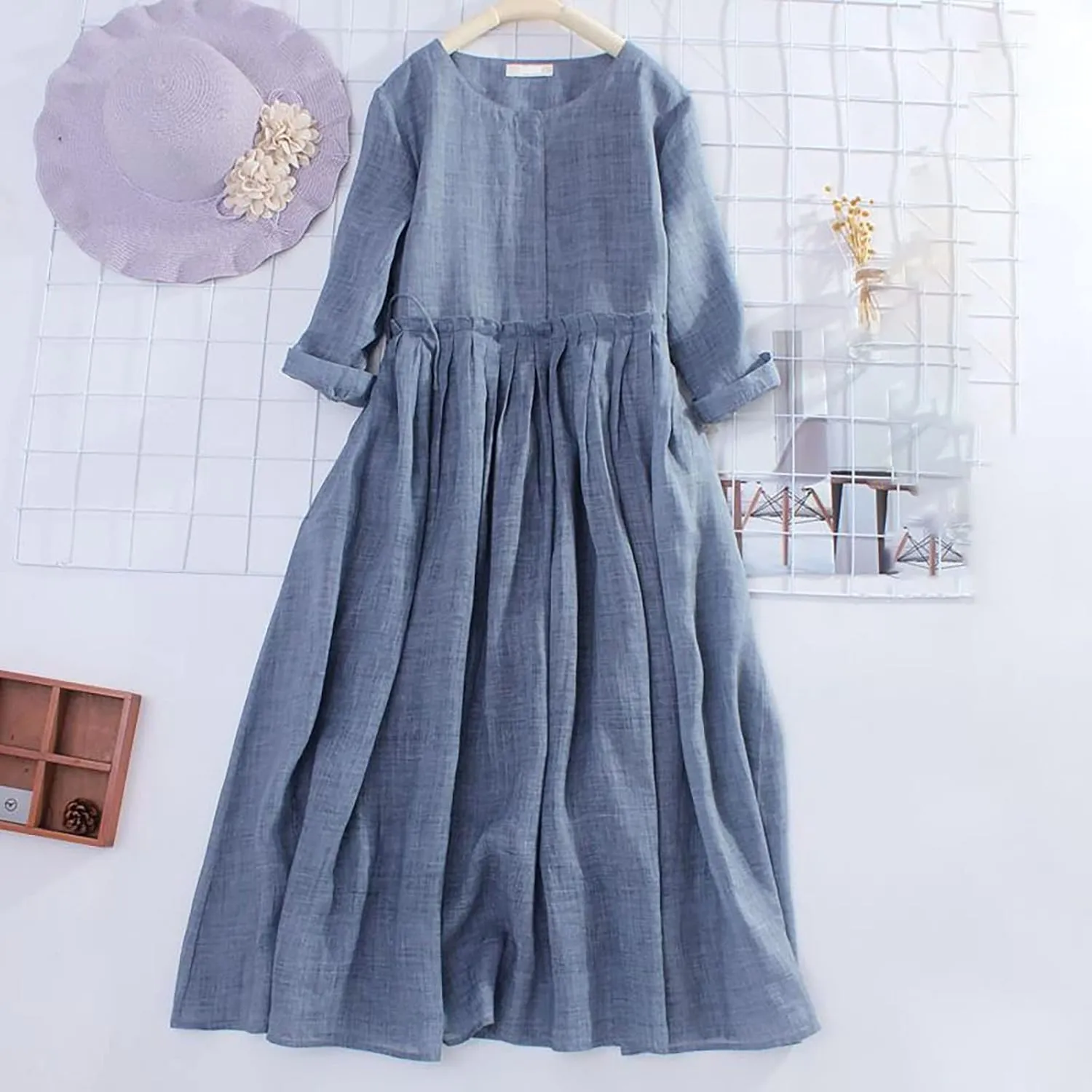 Aniywn Women's Boho Linen Dresses 3/4 Sleeve Vintage Pleated Maxi Sundress with Belt Lace Up Waist Beach Dress for Summer