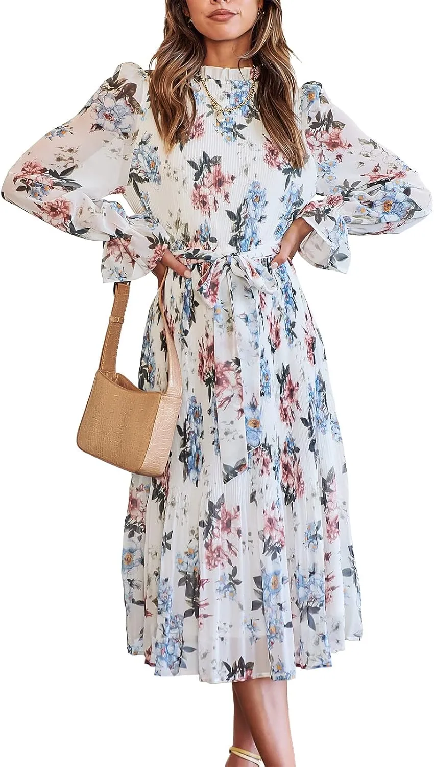 ANRABESS Women's Floral Midi Dress Puff Long Sleeve Casual Ruffle Chiffon A-Line Swing Pleated Belted Tea Party Dresses