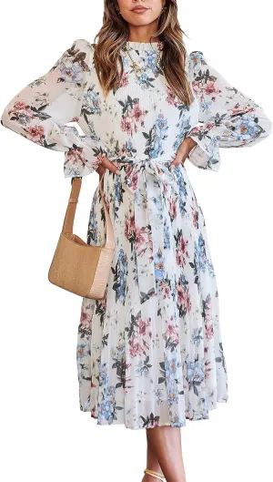 ANRABESS Women's Floral Midi Dress Puff Long Sleeve Casual Ruffle Chiffon A-Line Swing Pleated Belted Tea Party Dresses