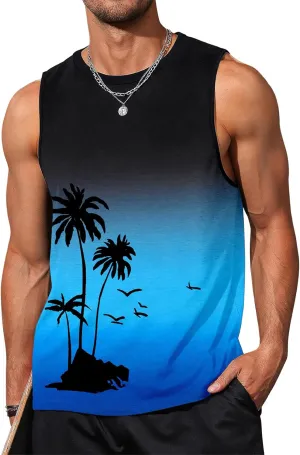 Arssm Men Beach Tank Tops Summer Hawaiian Graphic Sleeveless Shirts Palm Tree Muscle Gym Tank Top