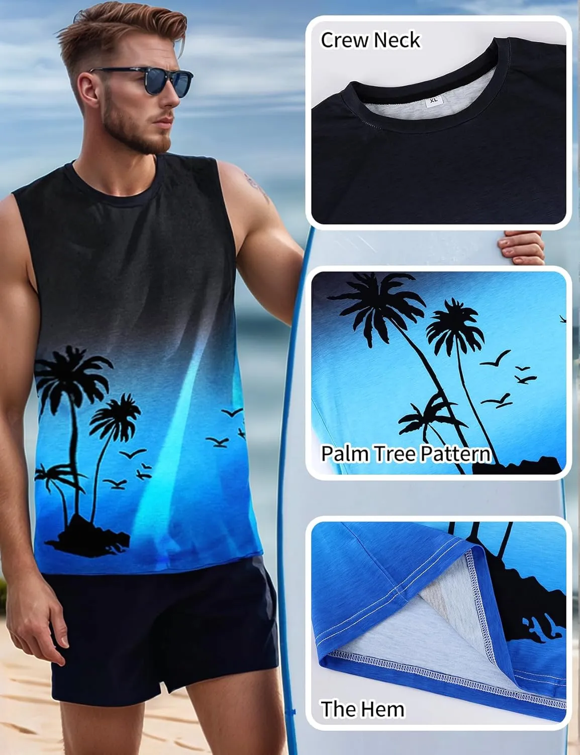 Arssm Men Beach Tank Tops Summer Hawaiian Graphic Sleeveless Shirts Palm Tree Muscle Gym Tank Top