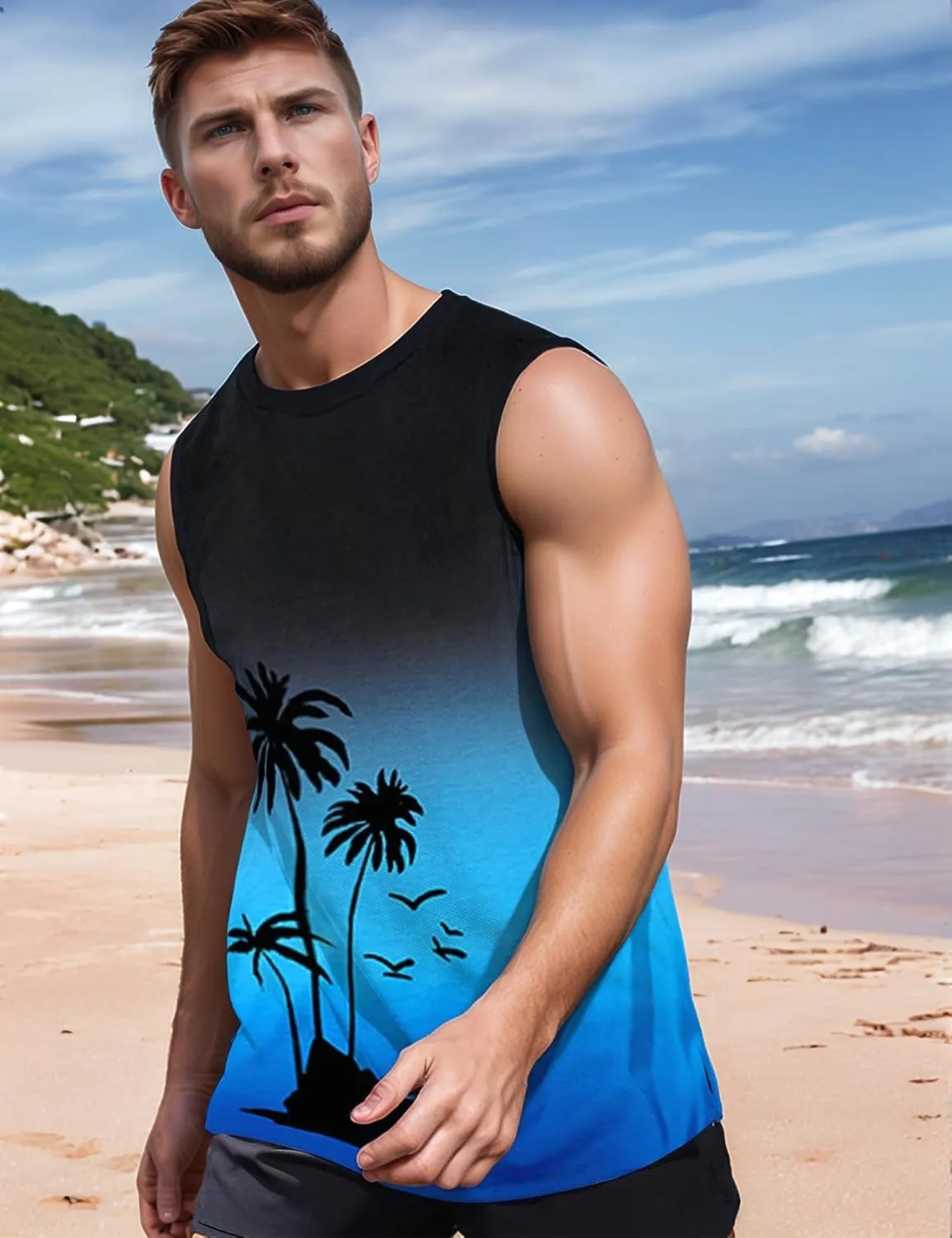 Arssm Men Beach Tank Tops Summer Hawaiian Graphic Sleeveless Shirts Palm Tree Muscle Gym Tank Top