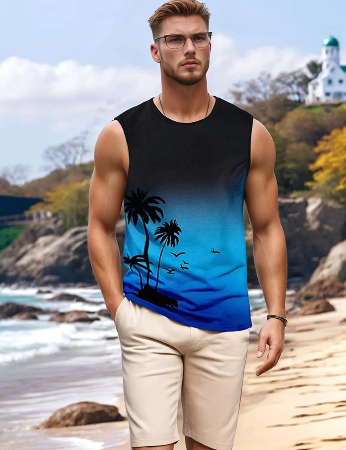 Arssm Men Beach Tank Tops Summer Hawaiian Graphic Sleeveless Shirts Palm Tree Muscle Gym Tank Top