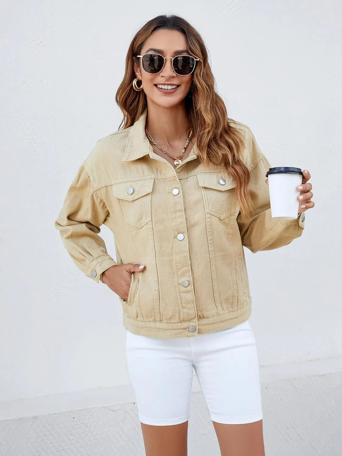 Atnlewhi Women's Long Sleeve Denim Jacket Casual Button Down Basic Jean Jackets with Pockets