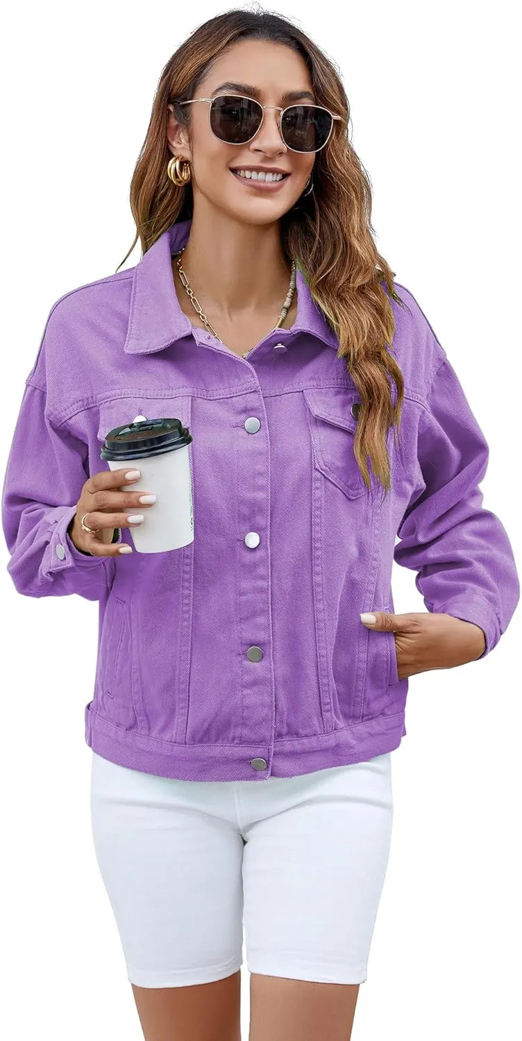 Atnlewhi Women's Long Sleeve Denim Jacket Casual Button Down Basic Jean Jackets with Pockets