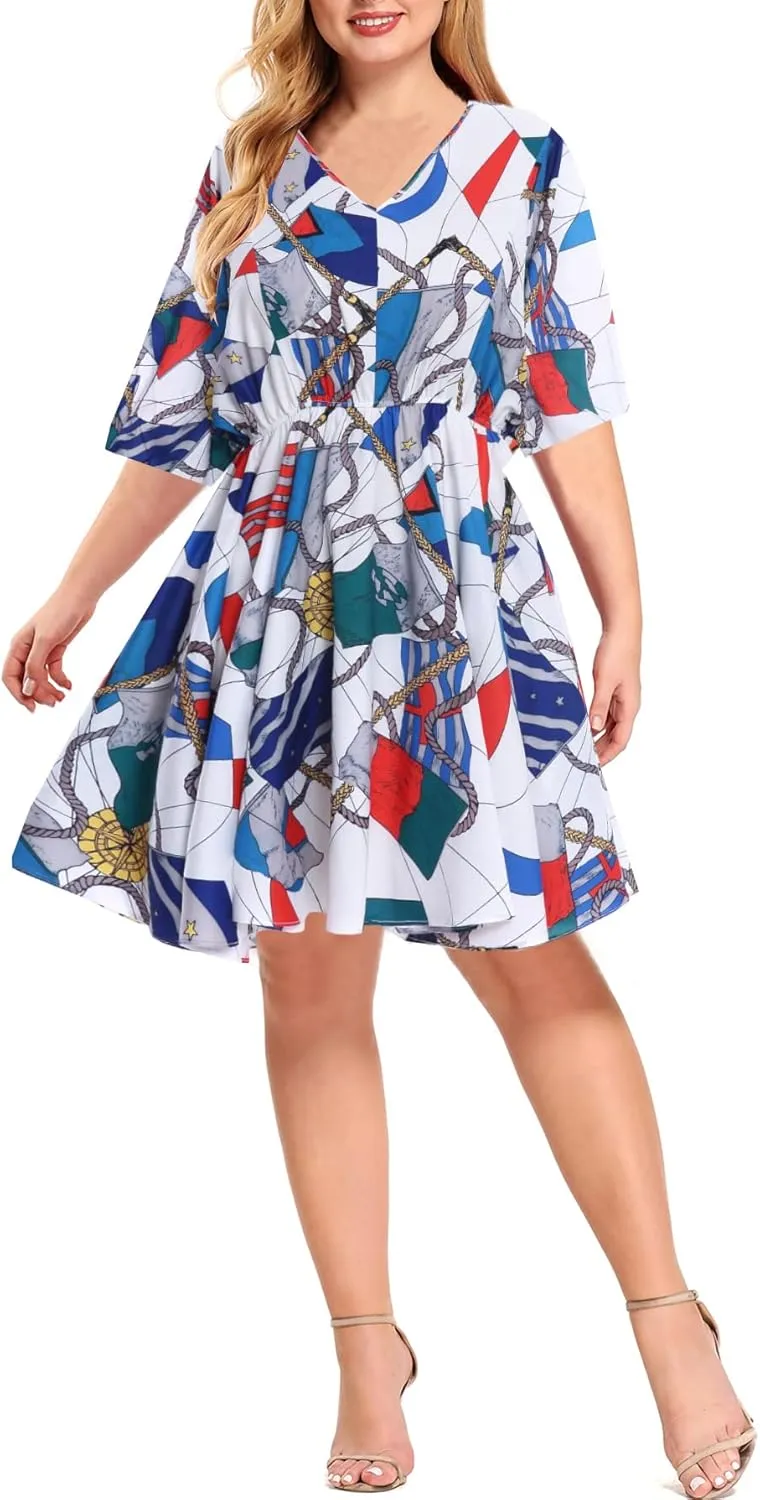 BEDOAR Summer Dress for Womens V-Neck Short Sleeve Elastic Waist Casual Midi Dress Irregular Hem Holiday Party Dresses