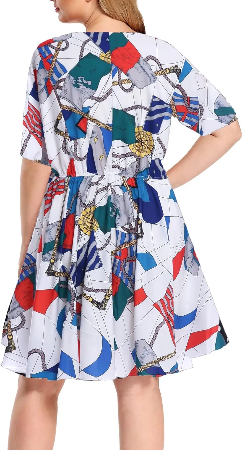 BEDOAR Summer Dress for Womens V-Neck Short Sleeve Elastic Waist Casual Midi Dress Irregular Hem Holiday Party Dresses