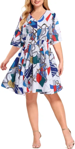 BEDOAR Summer Dress for Womens V-Neck Short Sleeve Elastic Waist Casual Midi Dress Irregular Hem Holiday Party Dresses