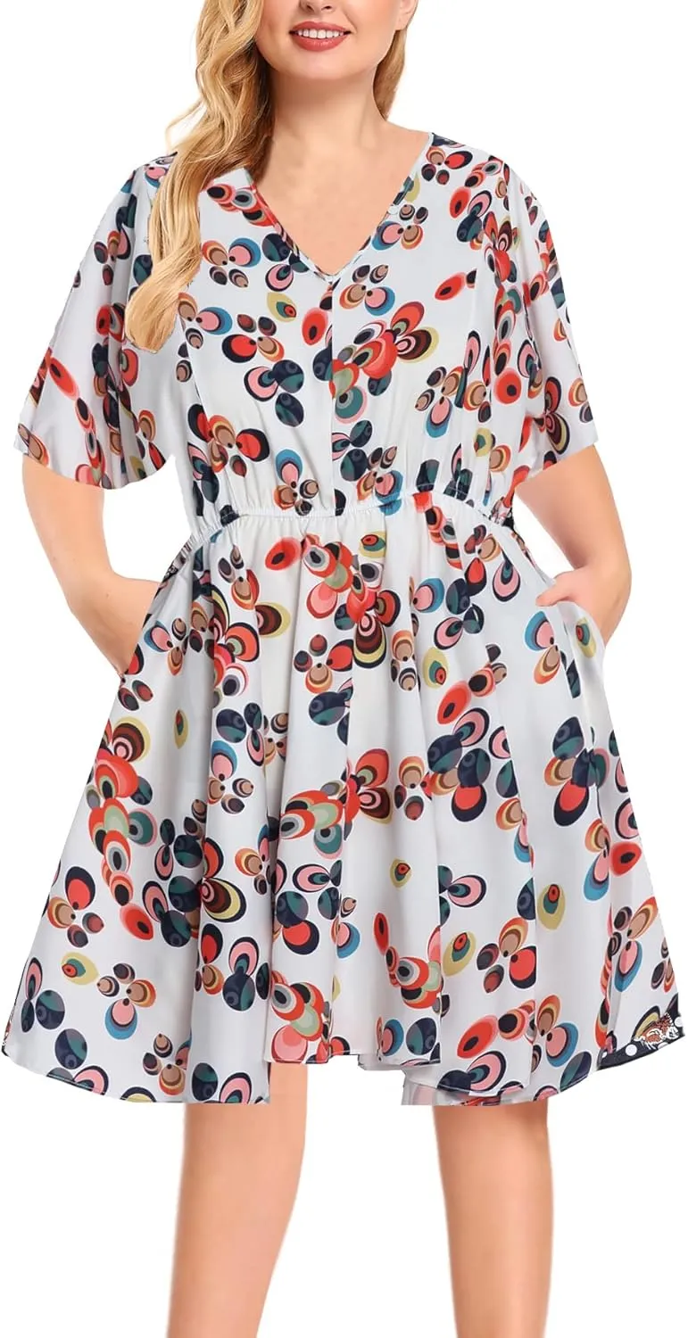 BEDOAR Summer Dress for Womens V-Neck Short Sleeve Elastic Waist Casual Midi Dress Irregular Hem Holiday Party Dresses