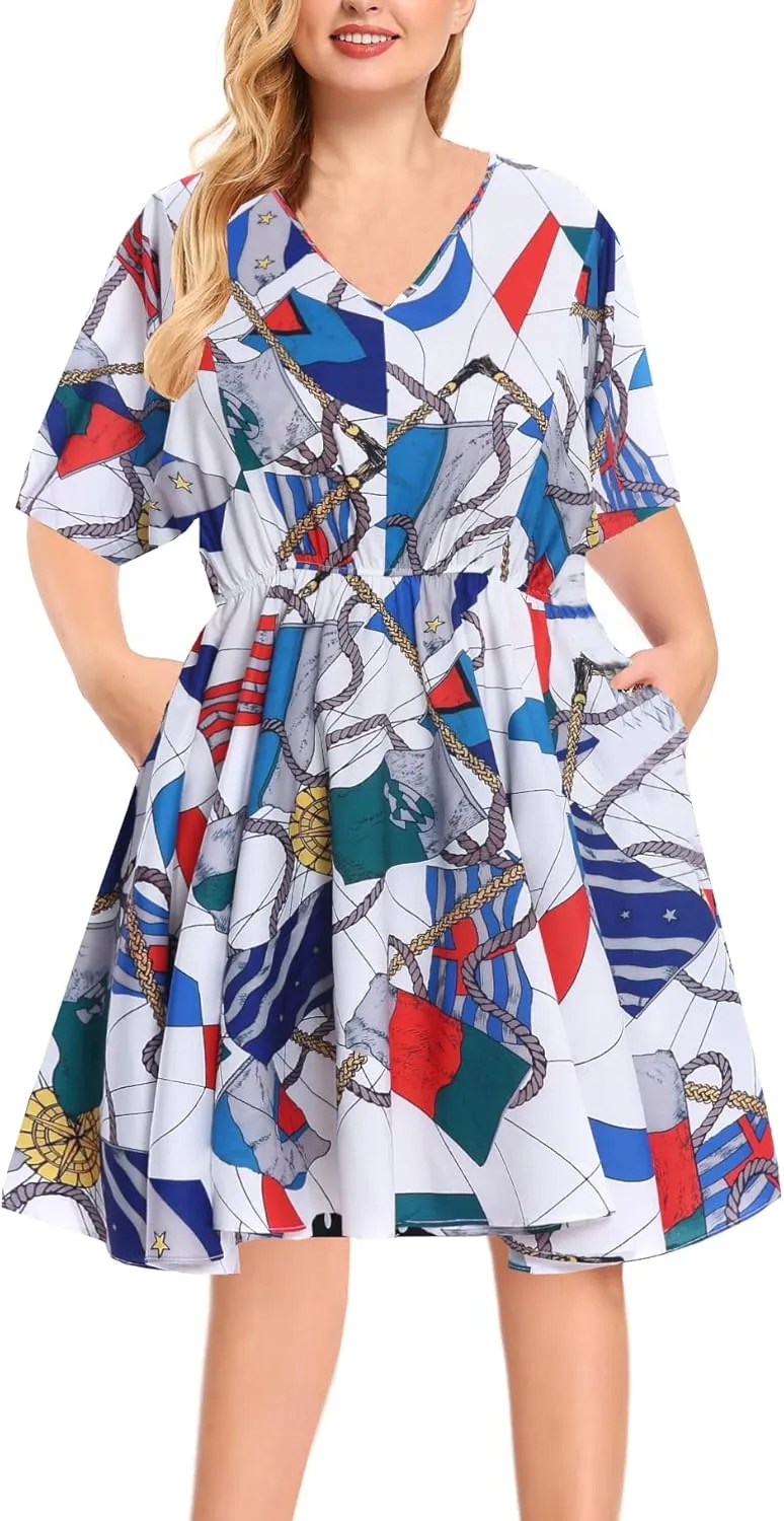 BEDOAR Summer Dress for Womens V-Neck Short Sleeve Elastic Waist Casual Midi Dress Irregular Hem Holiday Party Dresses
