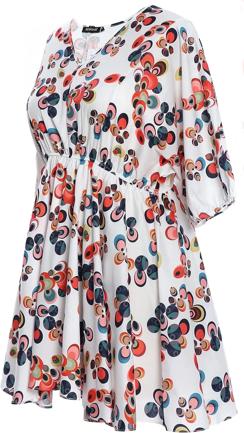BEDOAR Summer Dress for Womens V-Neck Short Sleeve Elastic Waist Casual Midi Dress Irregular Hem Holiday Party Dresses