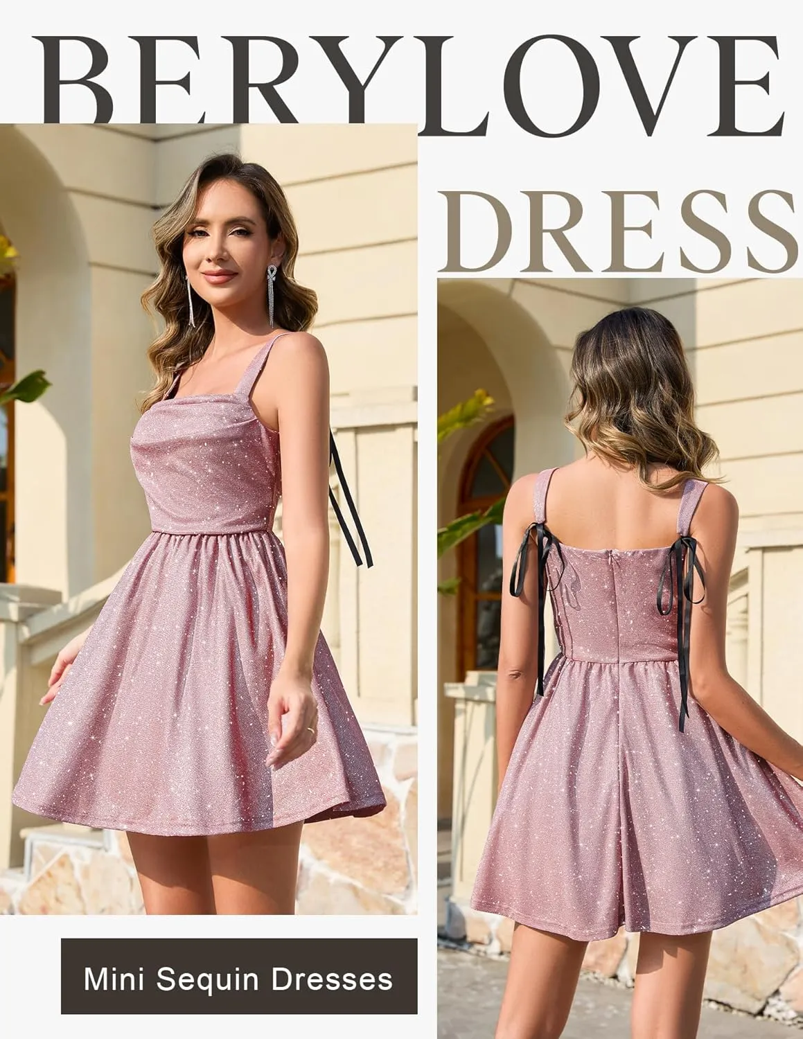 BeryLove Women Sequin Prom Dress Cocktail Sleeveless Sparkly Tie Party Mini Formal Dresses