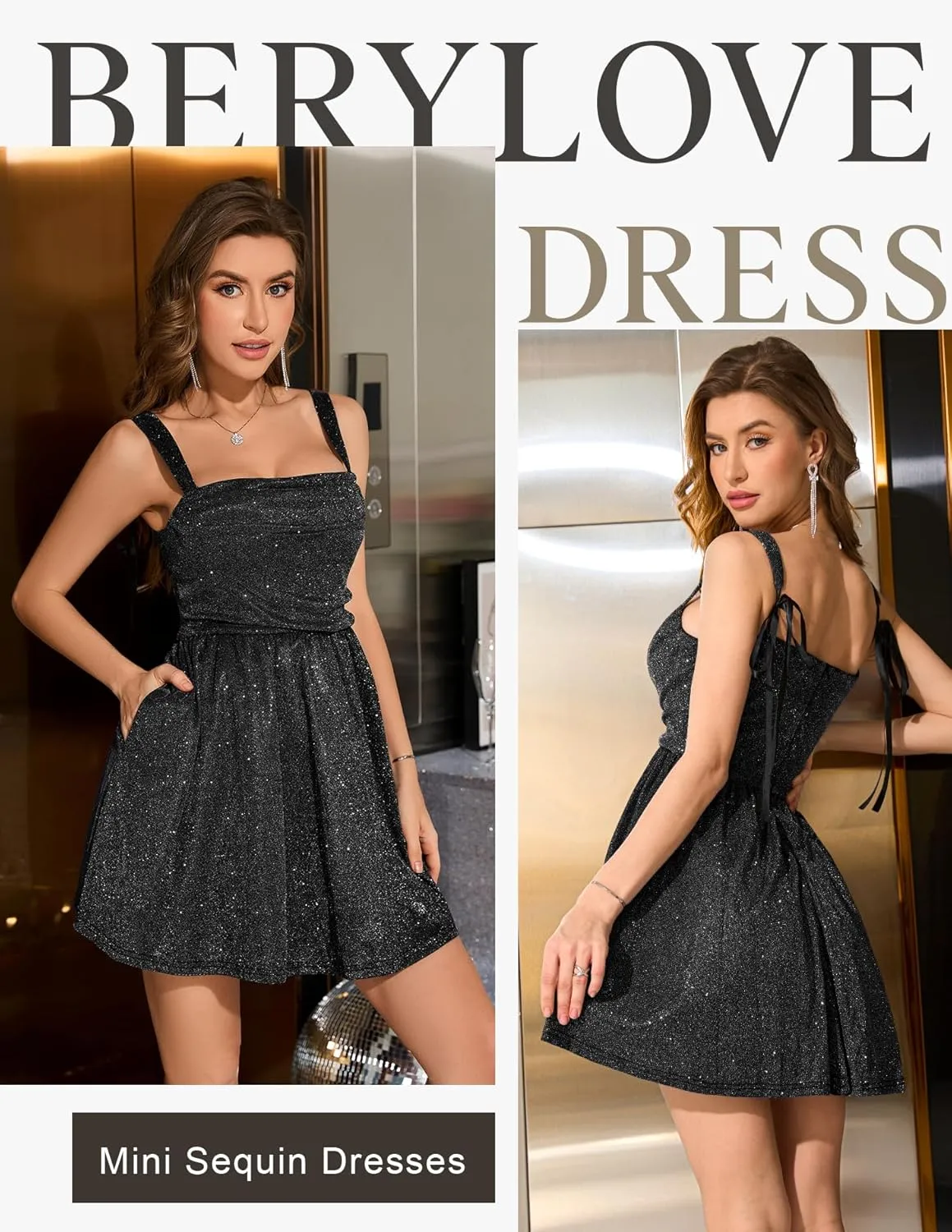 BeryLove Women Sequin Prom Dress Cocktail Sleeveless Sparkly Tie Party Mini Formal Dresses