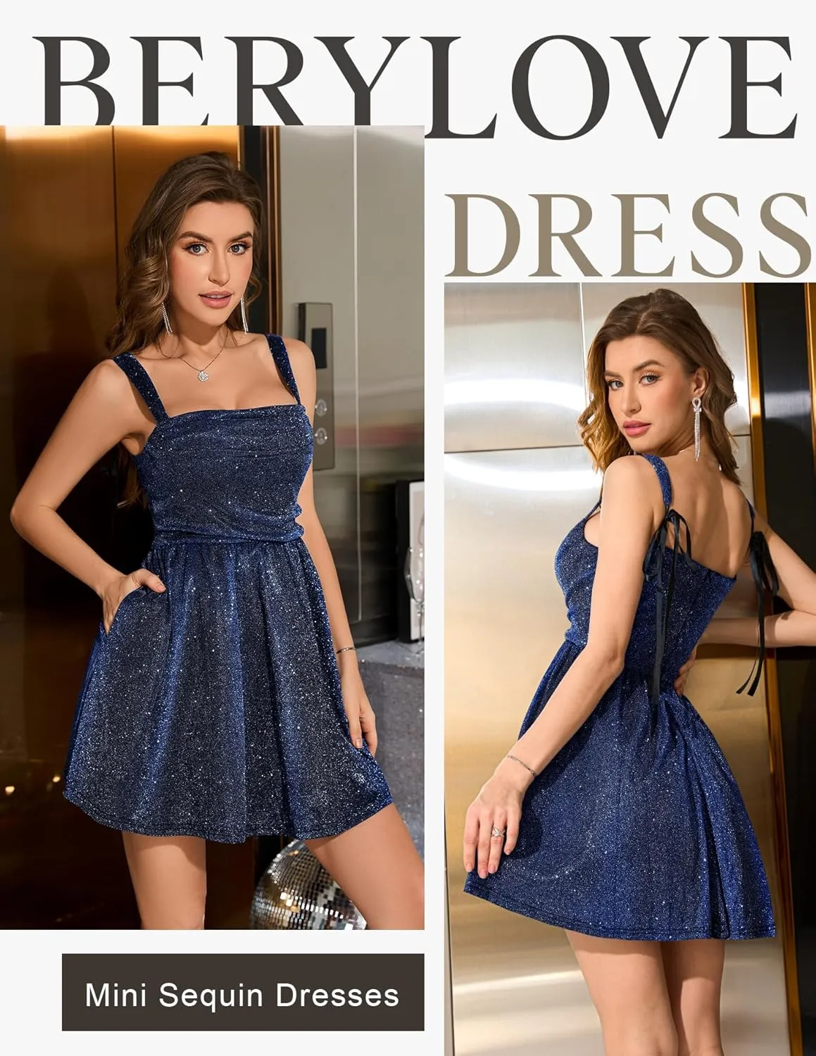 BeryLove Women Sequin Prom Dress Cocktail Sleeveless Sparkly Tie Party Mini Formal Dresses