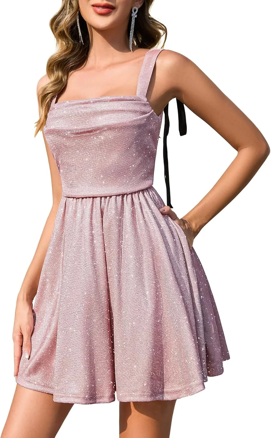 BeryLove Women Sequin Prom Dress Cocktail Sleeveless Sparkly Tie Party Mini Formal Dresses