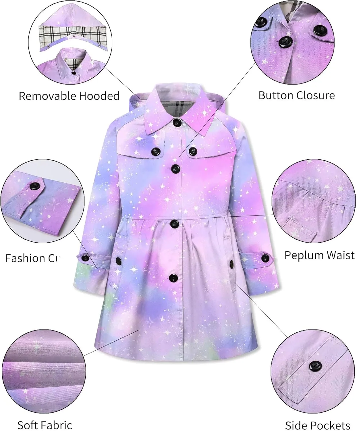 Betusline Girl's Hooded Rain Jackets Lightweight Print Waterproof Trench Coat Windbreaker Raincoats for Girls,2-14 Years