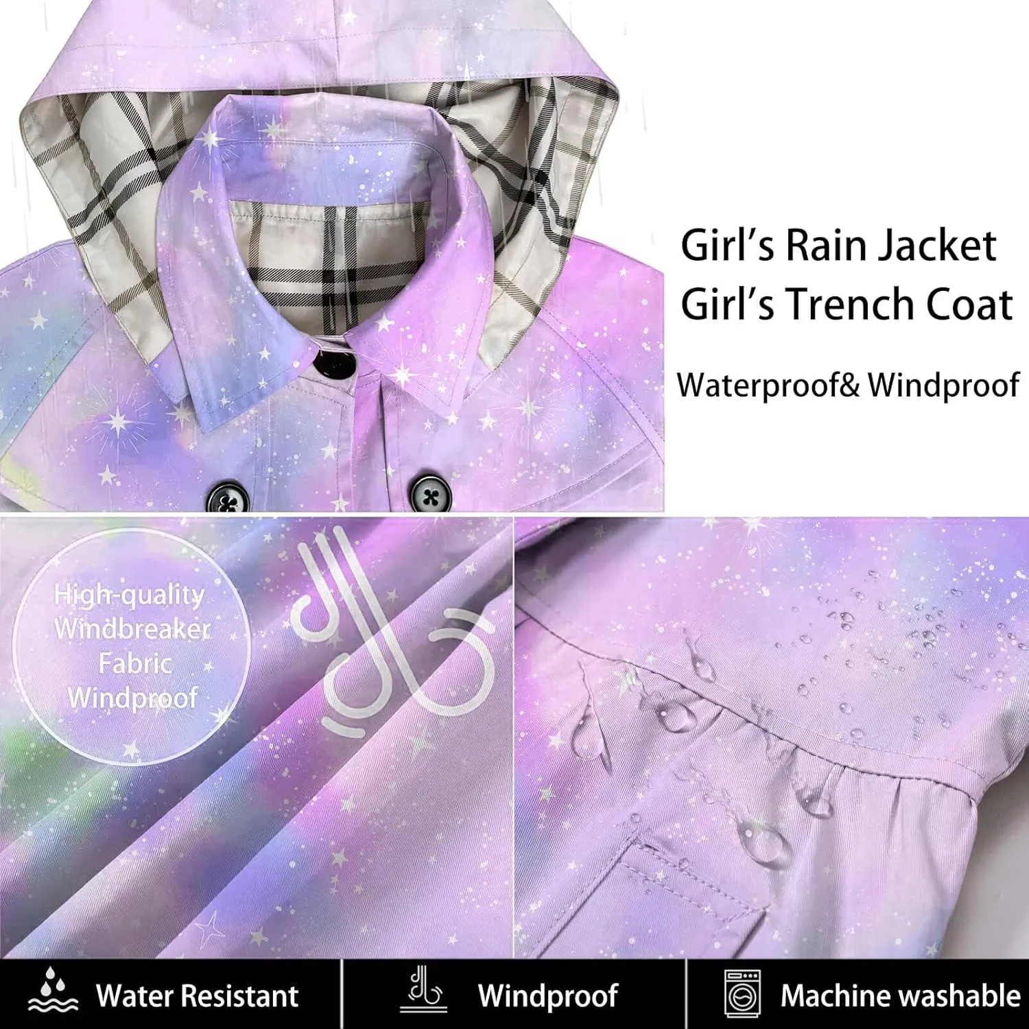 Betusline Girl's Hooded Rain Jackets Lightweight Print Waterproof Trench Coat Windbreaker Raincoats for Girls,2-14 Years