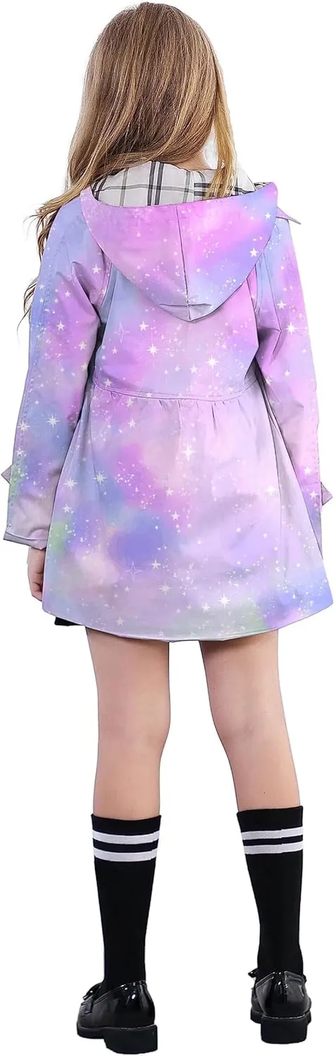 Betusline Girl's Hooded Rain Jackets Lightweight Print Waterproof Trench Coat Windbreaker Raincoats for Girls,2-14 Years