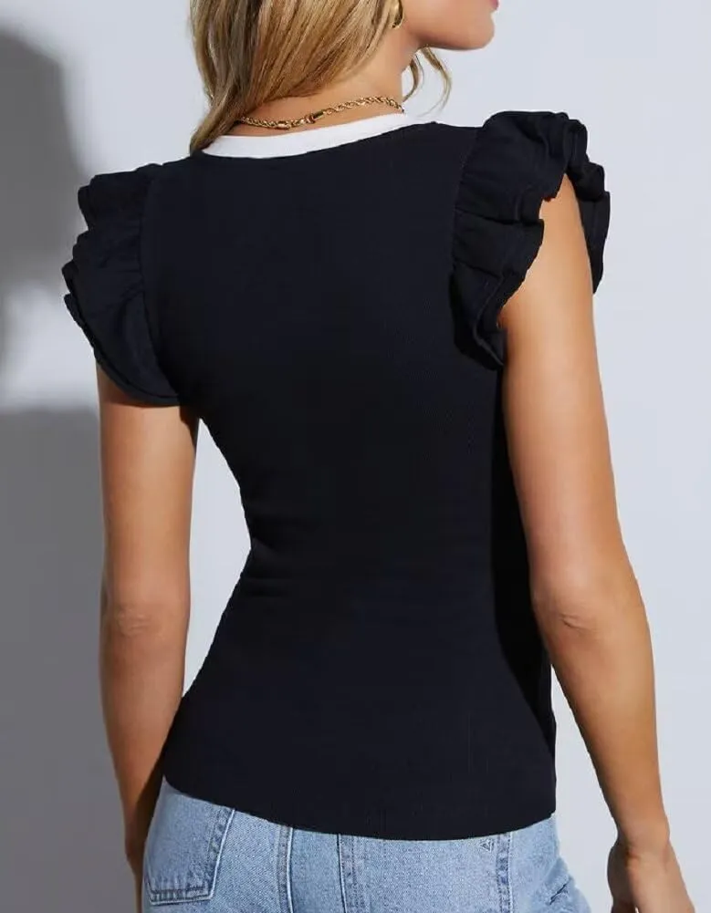 BONITEE Women Summer Ruffle Tops Sexy Deep V Neck Short Sleeve Shirts Trendy Casual Ribbed Slim Fitted Knit Tees Blouse